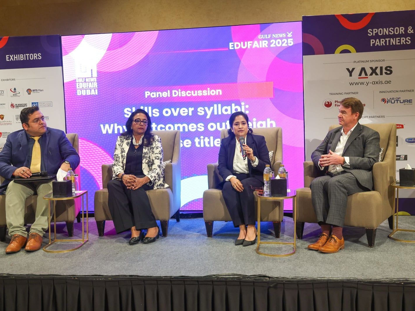 Prof. Shashank Khurana, Dr Vidya Nandagopal, Ruchi Aggarwal and Jeff Strachan during a panel discussion on the opening day of Gulf News Edufair 2025. Photo: Virendra Saklani/Gulf News