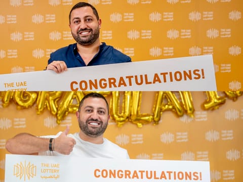 Anthony El Ghaoui while receiving his first prize (on top) and second prize (bottom) at The UAE Lottery studio. 
