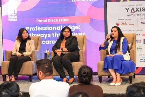 Rochelle Dsa, Lecturer, Phoenix Financial Training, Dr. Bindu Nair, Assistant Dean, Demont Institute of Management and Technology and Suchi Dubey, Associate Professor and Head of BBA and BCOM Program, Symbiosis International University, Dubai during a panel discussion on the second day of Gulf News Edufair 2025