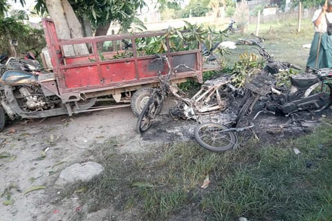 This UGC photo courtesy of Facebook user Yebaw Hlyat Cee taken on October 7, 2025 and received on October 8 shows damage to vehicles at the site of a military strike on a protest in central Myanmar's Chaung U township.