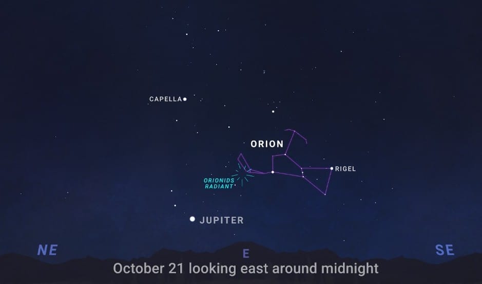 Sky chart showing the Orionid meteor shower, including the radiant point of the shower and the Orion constellation where the meteors in the shower are often seen and stem from.