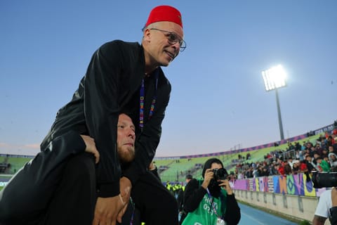 Morocco's head coach Mohamed Ouahbi celebrates his team's victory in the penalty shootout during the 2025 FIFA U-20 World Cup semi-final football match between Morocco and France at the Elias Figueroa Stadium in Valparaiso, Chile on October 15, 2025.