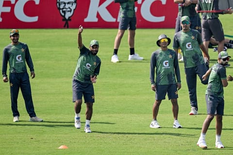 Pakistan's team players attend a practice session on the eve of their second Test cricket match against South Africa, at the Rawalpindi Cricket Stadium in Rawalpindi on October 19, 2025.