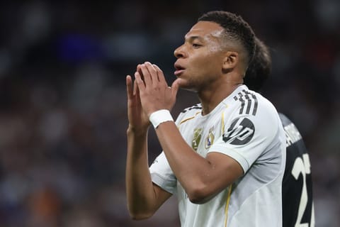 Real Madrid's French forward #10 Kylian Mbappe reacts to missing a goal opportunity during the UEFA Champions League league phase day 3 football match between Real Madrid CF and Juventus at Santiago Bernabeu Stadium in Madrid on October 22, 2025.