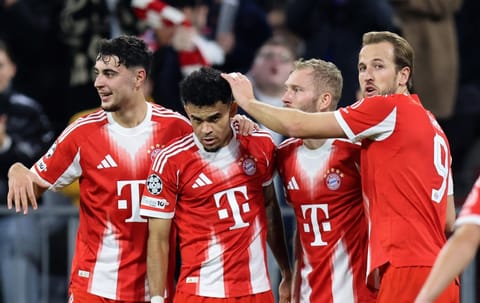Bayern Munich's Colombian forward #14 Luis Diaz (2L) celebrates scoring his team's third goal with teammates (LtoR) Bayern Munich's German midfielder #45 Aleksandar Pavlovic, Bayern Munich's Austrian midfielder #27 Konrad Laimer and Bayern Munich's English forward #09 Harry Kane during the UEFA Champions League football match between FC Bayern Munich and Club Brugge in Munich, southern Germany on October 22, 2025.