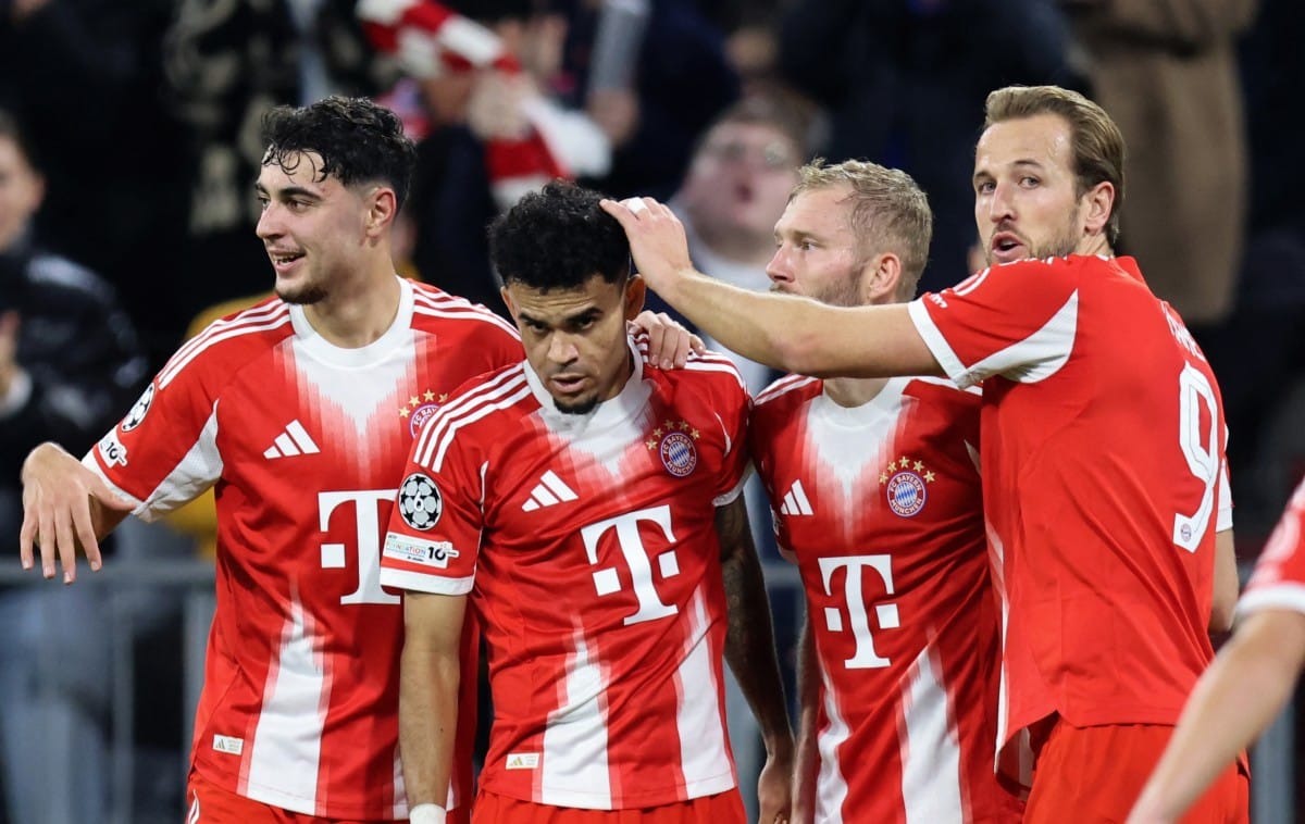 Bayern Munich's Colombian forward #14 Luis Diaz (2L) celebrates scoring his team's third goal with teammates (LtoR) Bayern Munich's German midfielder #45 Aleksandar Pavlovic, Bayern Munich's Austrian midfielder #27 Konrad Laimer and Bayern Munich's English forward #09 Harry Kane during the UEFA Champions League football match between FC Bayern Munich and Club Brugge in Munich, southern Germany on October 22, 2025.