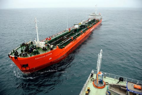 File picture: A Caspian Stream tanker at Korchagin's oil field in the Russian sector of the Caspian Sea some 180 km outside Astrakhan. Unlike the Gulf, the Caspian Sea is effectively closed to Western naval intervention.