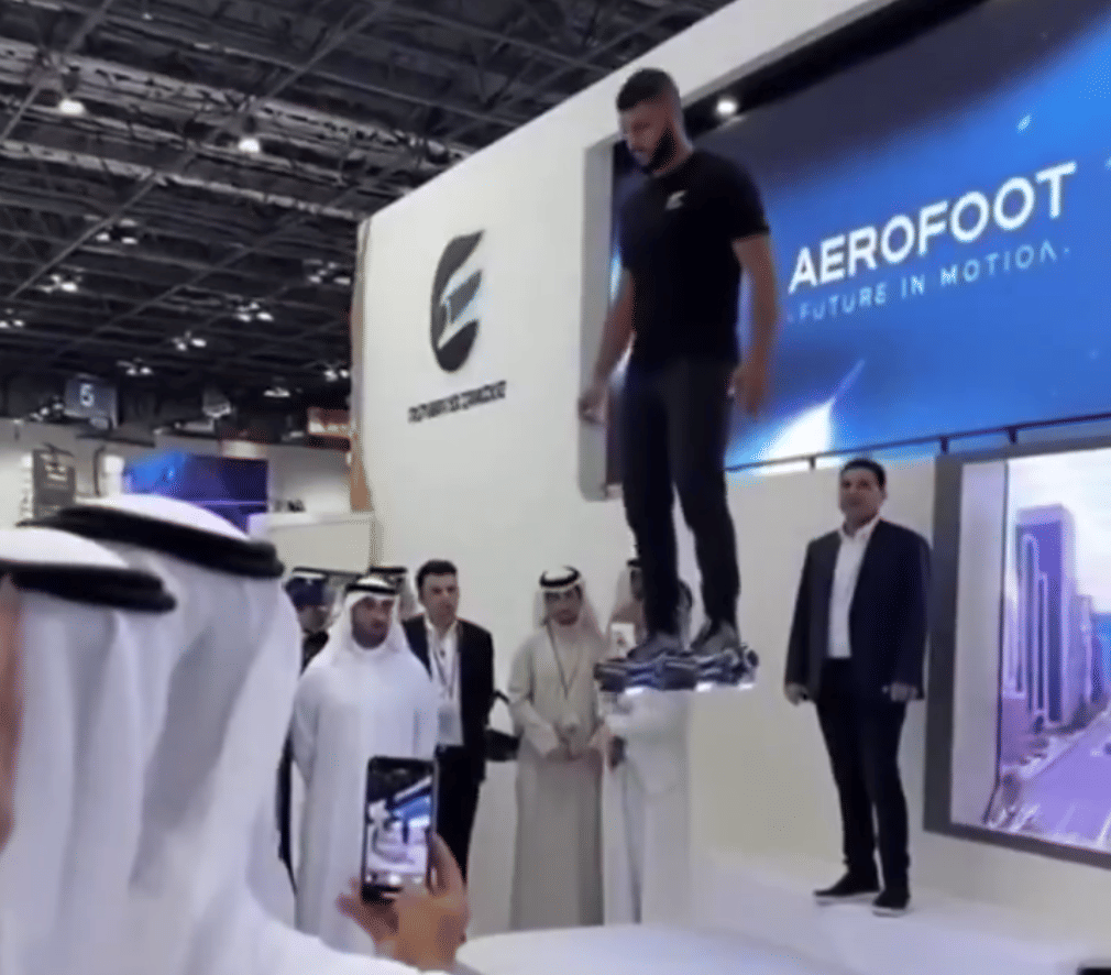Videos of “Aerofoot” flying sneakers show  a piece of conceptual digital art that appears to allow a person to lift off the ground and “fly” using just the shoes.

