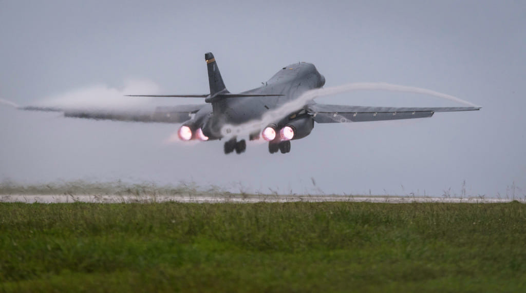 In this file photo released by the U.S. Air Force, a Air Force B-1B Lancer bomber takes off from Andersen Air Force Base, Guam, to fly a mission with two Koku Jieitai (Japan Air Self-Defense Force) F-15s, Sept. 9, 2017.