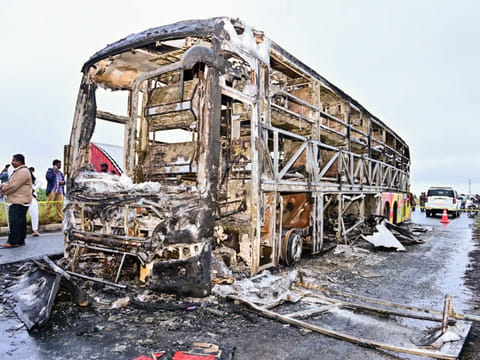 A view of the burnt bus after several people died after a collision near Kurnool on Friday, October 24, 2025. 