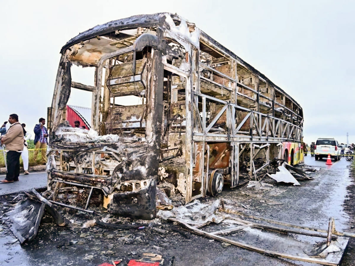A view of the burnt bus after several people died after a collision near Kurnool on Friday, October 24, 2025. 