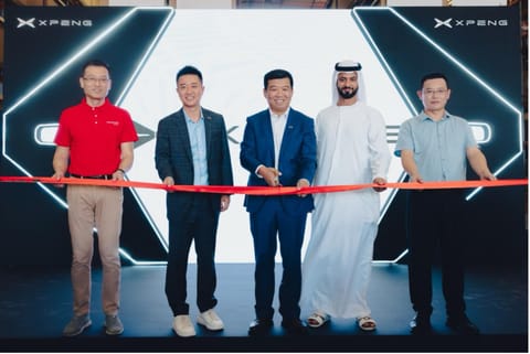Alex Tang, Head of XPENG Global; Saeed Al Dhaheri, Managing Director of Ali & Sons; Ken Wang, General Manager of MEA; Medhat Khalil, Chairman of Raya Holding; and Charlie Peng, Vice President of JD Group & Head of JD Logistics for the Middle East