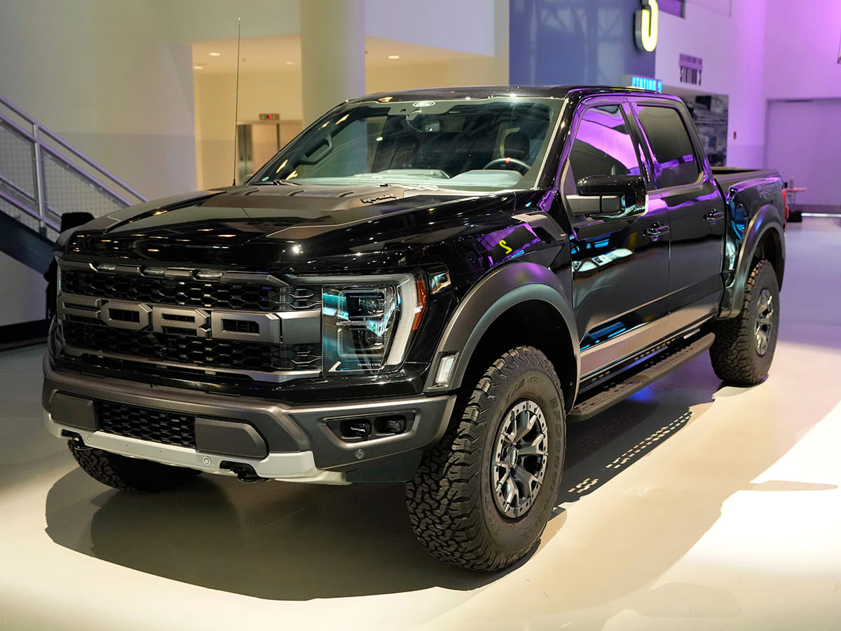 A Ford F-150 truck is displayed at the Dearborn Truck Plant, April 11, 2024, in Dearborn, Michigan.