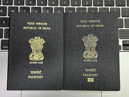 A combo pic showing the existing regular passport on the left and the new ePassport with RFID chip and antenna embedded in it. The ePassport features a gold-colour symbol for the chip. 