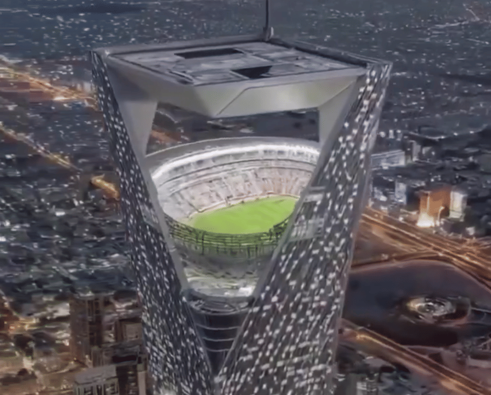 Saudi Arabia's NEOM Stadium, part of the ambitious NEOM project, will be the world's first "sky stadium," suspended 350 meters above the desert, according to construction industry media.