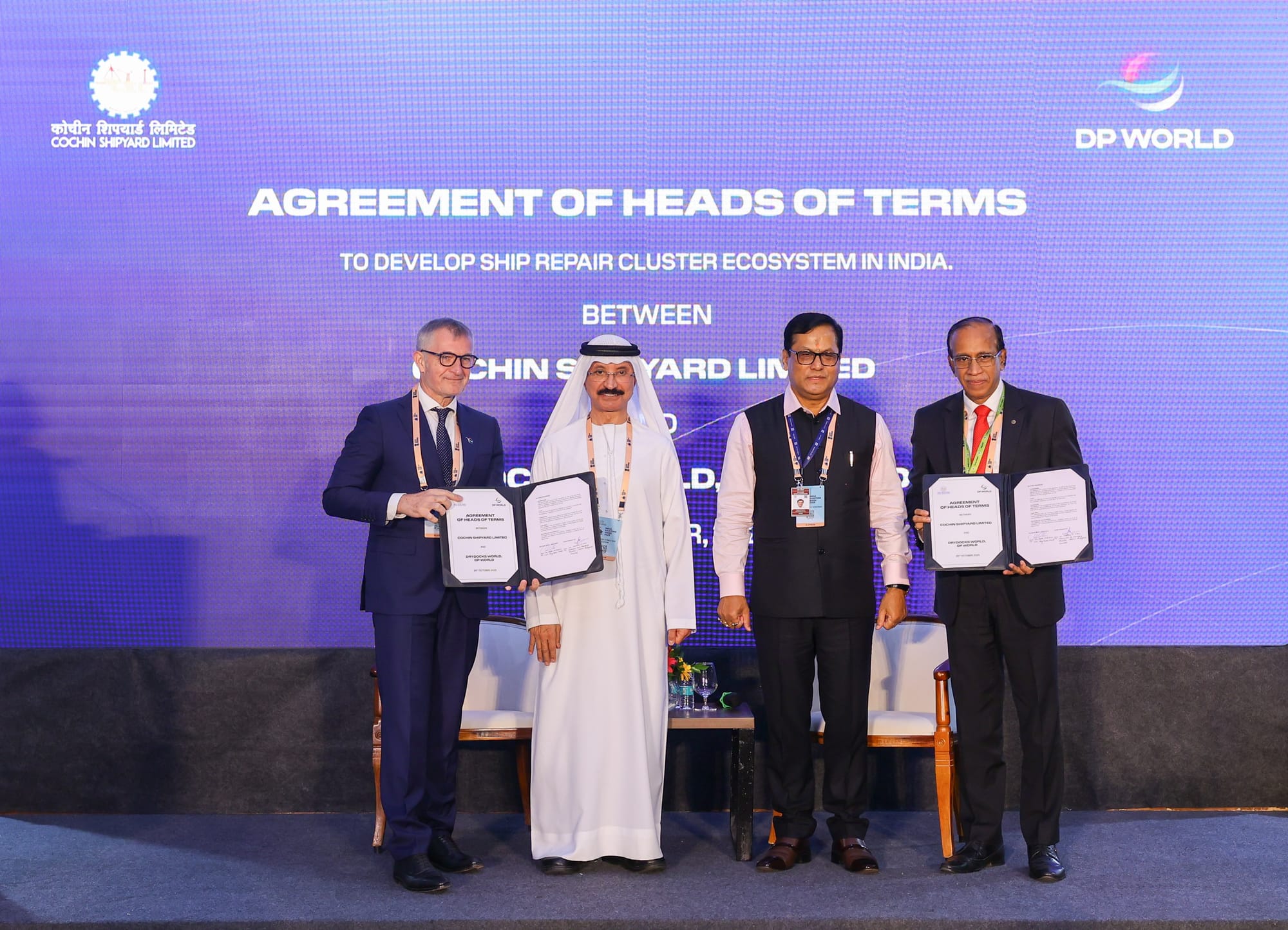 The deal was signed by Captain Rado Antolovic, Chief Executive Officer, Drydocks World, and Madhu S. Nair, Chairman and Managing Director of Cochin Shipyard Limited.