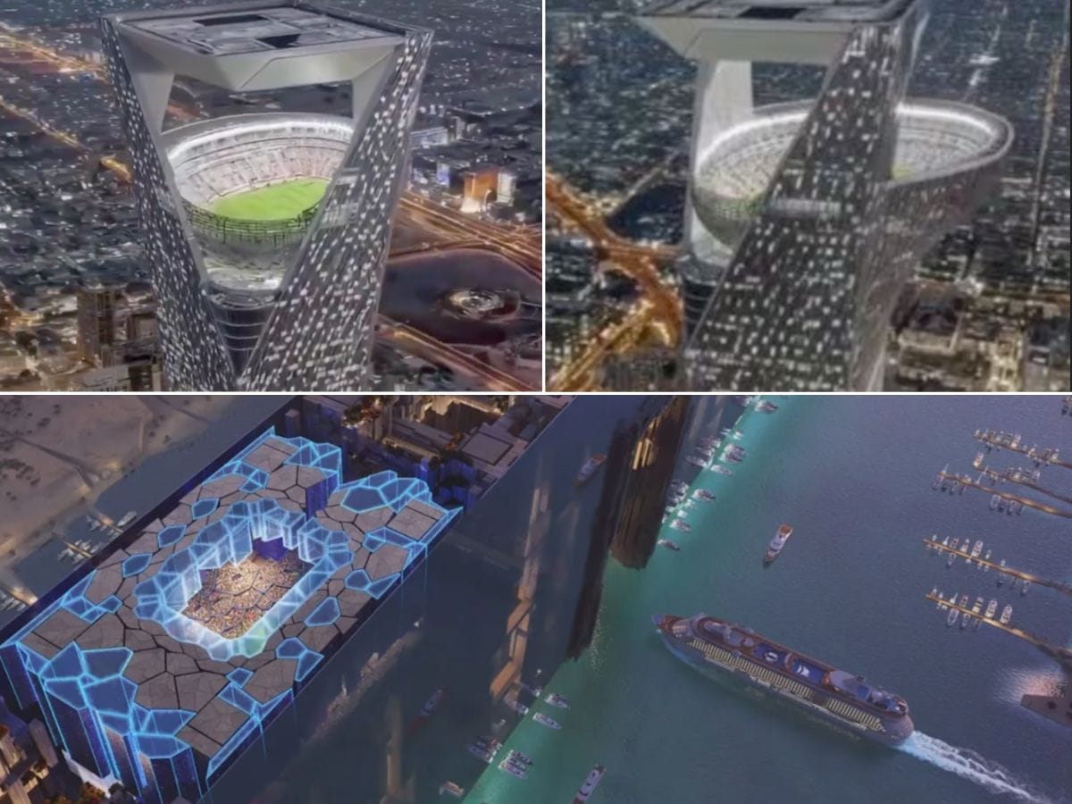 The viral stuff vs planned: The internet went wild with the Saudi “Sky Stadium” (top photos) that looked straight out of Blade Runner. It wasn’t real at all — it was pure AI magic. Below: Sensible blue-and-grey slab of a football pitch in a mirror-walled canyon being developed as part of Saudi Arabia's The Line project.