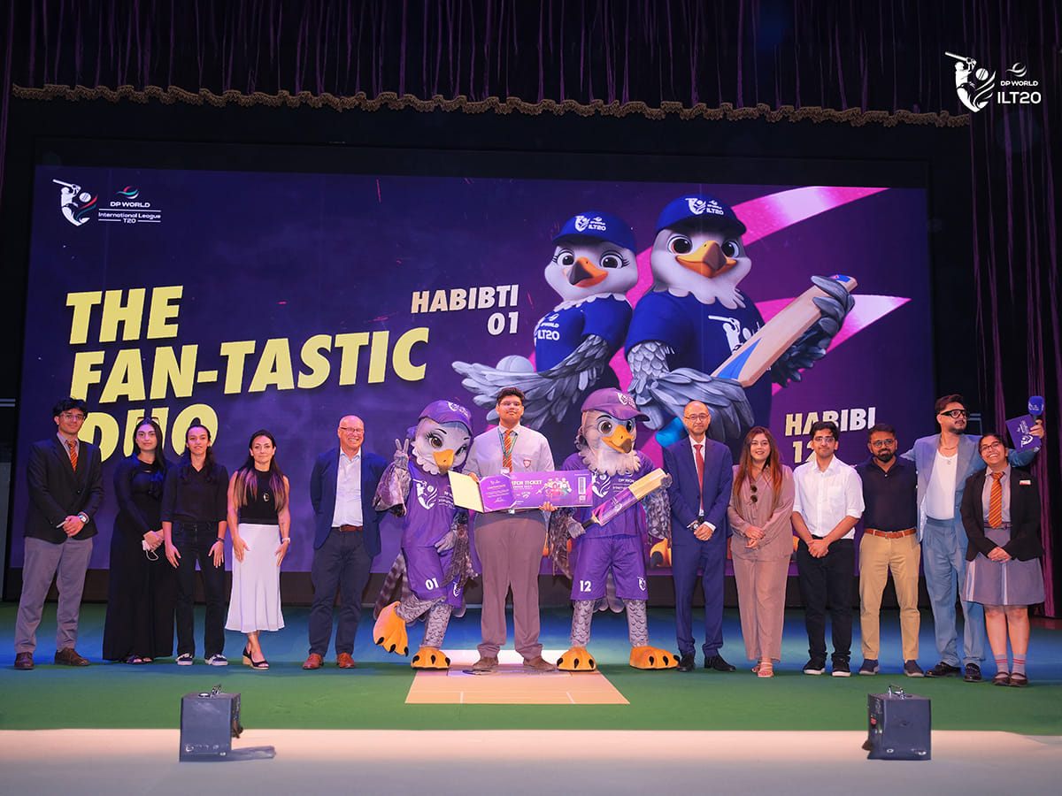 Habibi and Habibti, the official mascots of the DP World ILT20. The big reveal took place at The Indian High School Dubai.