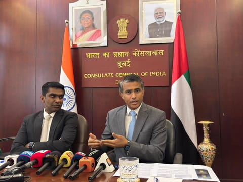 A Amarnath (right) and Satish Kumar Sivan at the press conference in Dubai on Thursday.
