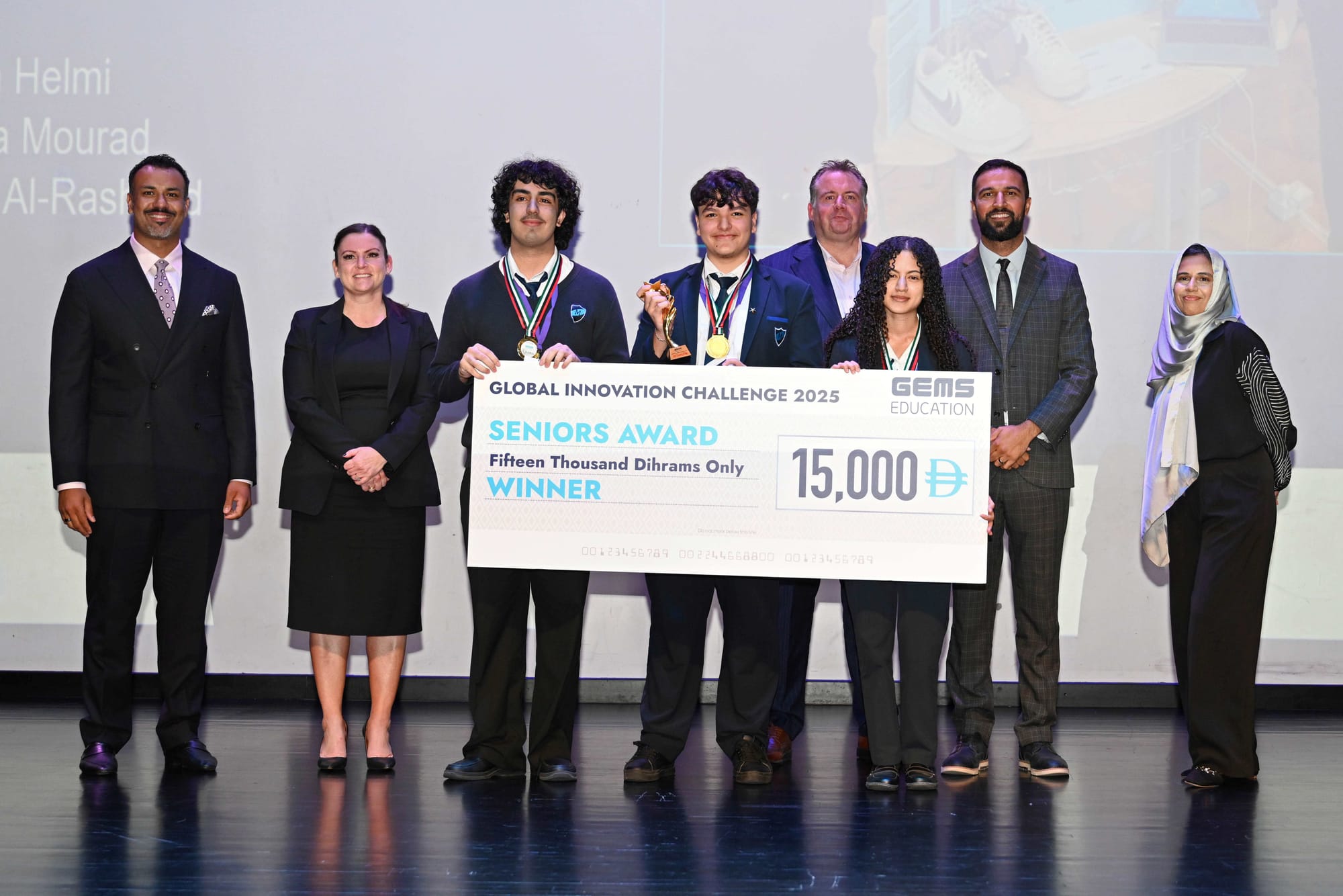 Students from GEMS Metropole School winning Dh15,000 for their StridSense smart insole.