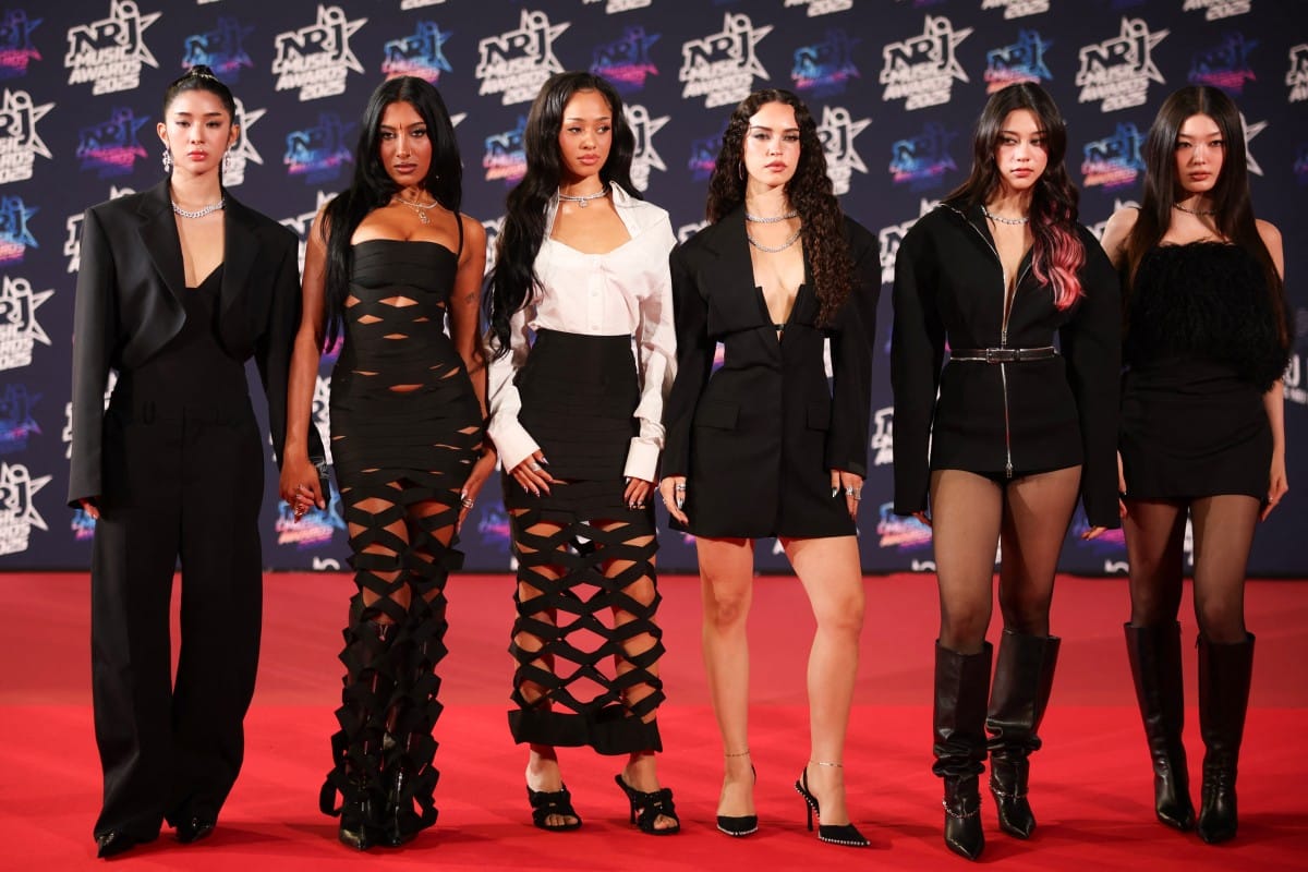 Members of Us girl group Katseye Sophia, Guest, Manon, Daniela, Megan and Yoonchae pose upon arrival on the red carpet to attend the 27th edition of the NRJ Music Awards ceremony 