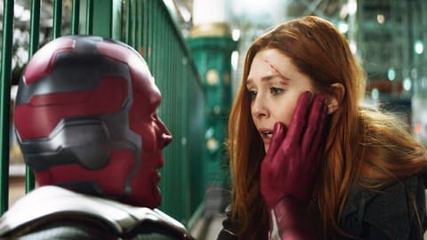Elizabeth Olsen as Scarlet Witch, and Paul Bettany as Vision in Avengers Infinity War. 