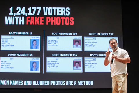 Lok Sabha Leader of Opposition Rahul Gandhi speaks during a press conference, in New Delhi on Wednesday, November 5, 2025.