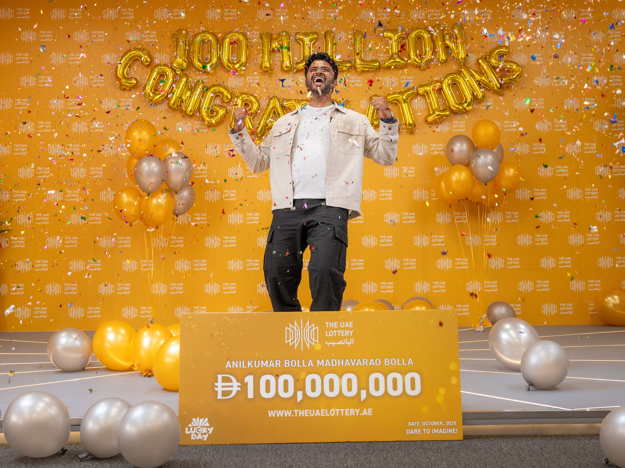 Anilkumar Bolla celebrating his historic win at The UAE Lottery's studio. 