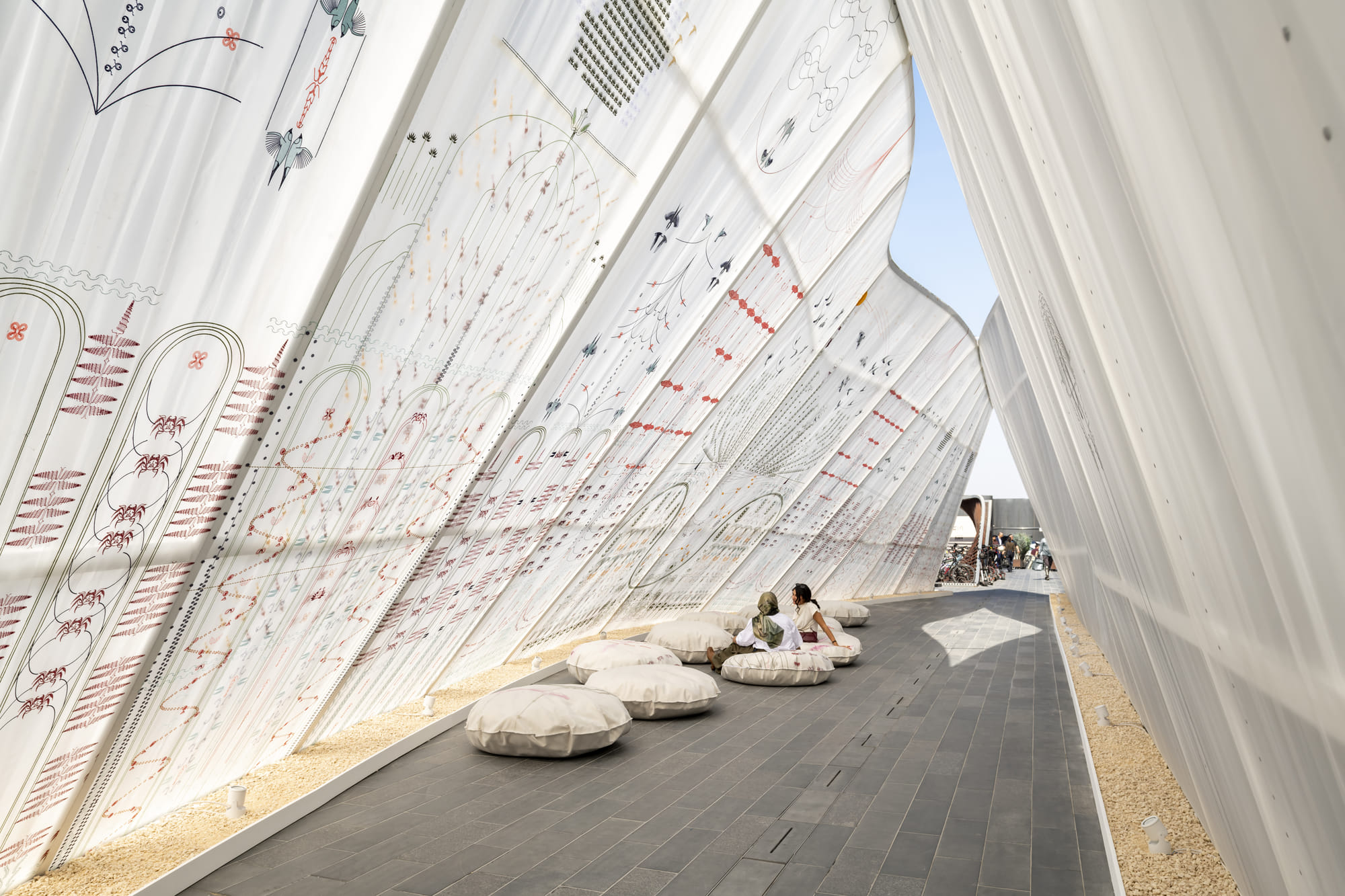 Adwab winning installation founded by architects Latifa Alkhayat and Maryam Aljomairi, Bahrain-based studio Maraj presents 'Stories of the Isle and the Inlet', exploring Nabih Saleh’s ecological and cultural narratives through architecture and design.