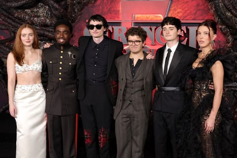 Sadie Sink, Caleb McLaughlin, Finn Wolfhard, Gaten Matarazzo, Noah Schnapp and Millie Bobby Brown attend the Los Angeles Premiere of Netflix's "Stranger Things" Season 5 at TCL Chinese 6 Theatres on November 06, 2025 in Hollywood, California.