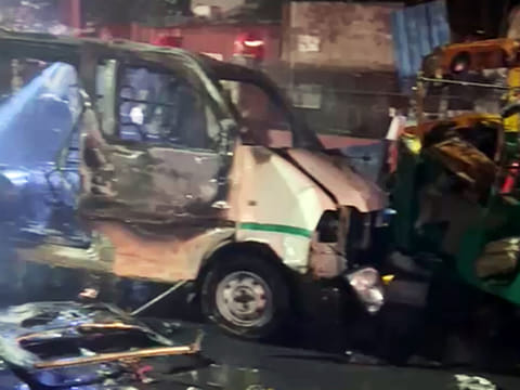 New Delhi, Nov 10 (ANI): Charred remains of vehicles after an explosion in a car near the Red Fort, in Delhi on Monday. 