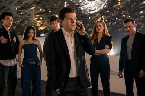 Justice Smith, Ariana Greenblatt, Dominic Sessa, Jesse Eisenberg, Isla Fisher and Dave Franco in a scene from 'Now You See Me: Now You Don't' 
