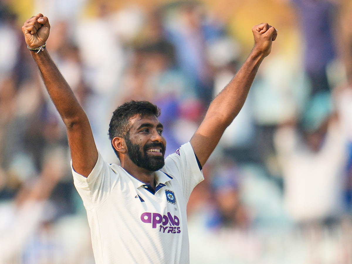 India's Jasprit Bumrah celebrates after a five-wicket haul on the first day of the first Test match against South Africa in Kolkata, on Friday, November14, 2025. 