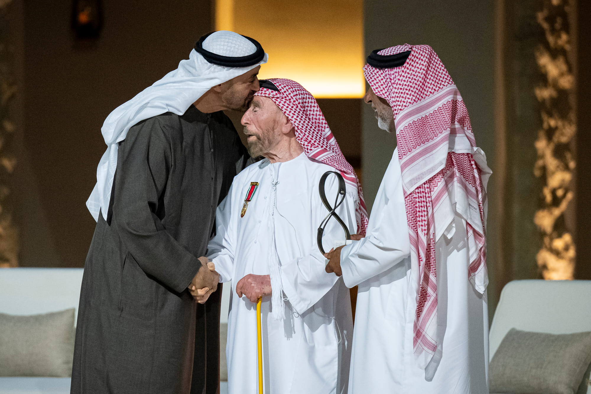 President His Highness Sheikh Mohamed bin Zayed Al Nahyan on Thursday honoured 10 inspirational individuals whose selfless deeds have positively impacted the UAE community, as part of the 12th edition of the Abu Dhabi Awards, during a ceremony held at Qasr Al Hosn in Abu Dhabi. Above, Sheikh Mohamed is seen greeting award winner Obaid bin Kanish Al Hamli during the ceremony.