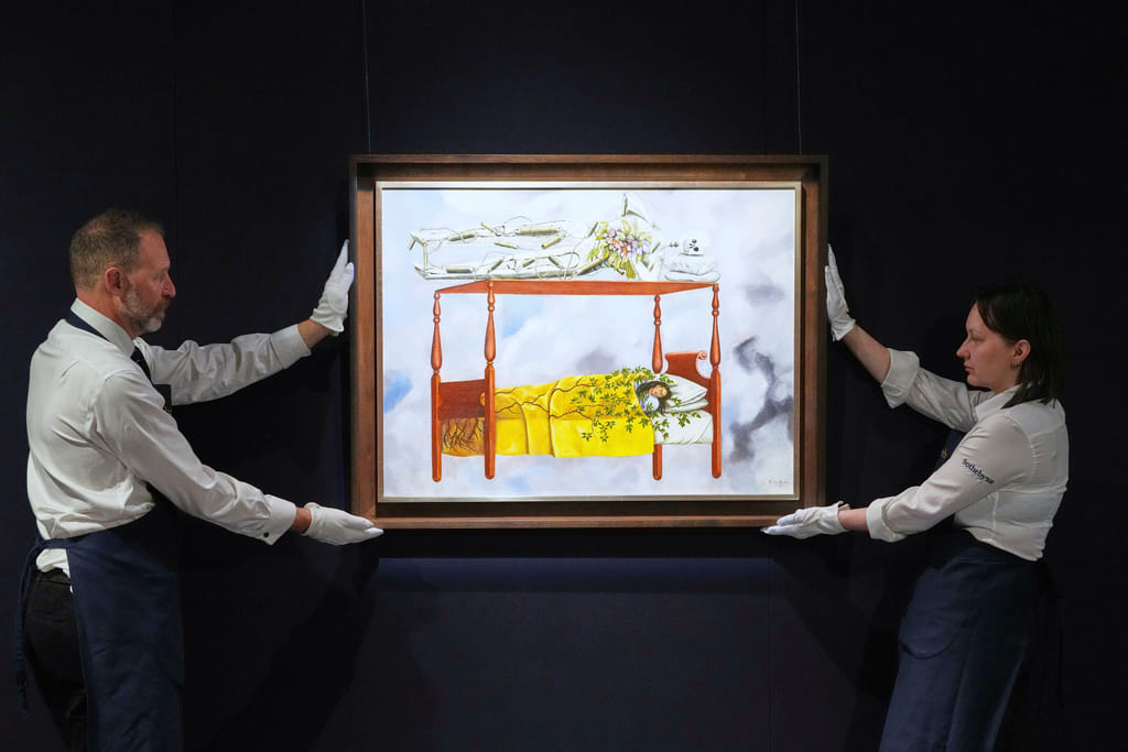 FILE - A painting by Frida Kahlo titled "El sueño (La cama)" or (The Dream (The Bed), is displayed at Sotheby's auction rooms in London, Sept. 19, 2025.