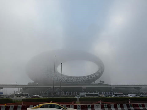 A stunning view of the Museum of the Future on a foggy Dubai morning, as the city wakes up to fading skylines and low visibility — beautifully captured by Riddhi Goswami.