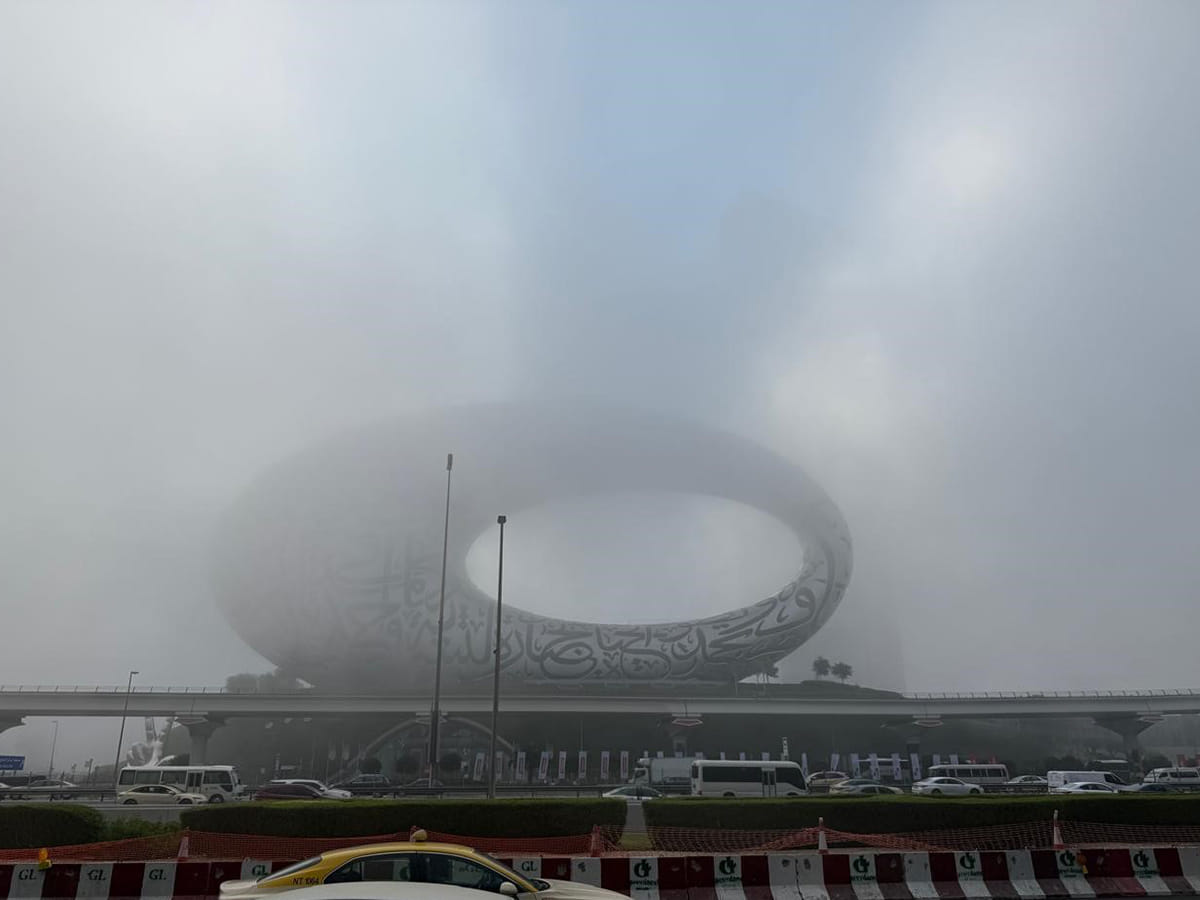 A stunning view of the Museum of the Future on a foggy Dubai morning, as the city wakes up to fading skylines and low visibility — beautifully captured by Riddhi Goswami.