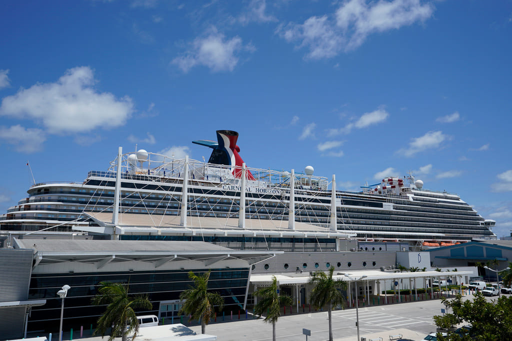 FILE - Carnival Cruise Line's Carnival Horizon cruise ship is shown docked at PortMiami, Friday, April 9, 2021, in Miami. 