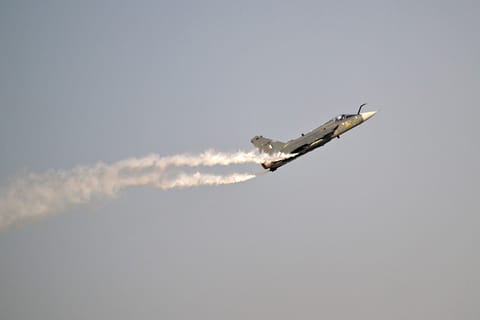 Indian Air Force's HAL Tejas performs a display flight at the airshow