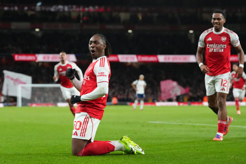 Arsenal's Eberechi Eze celebrates after scoring during a Premier League match against Tottenham in London, Sunday, Nov. 23, 2025.