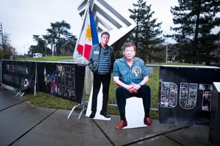 Portraits of Philippines' former president Rodrigo Duterte are displayed outside the International Criminal Court in The Hague