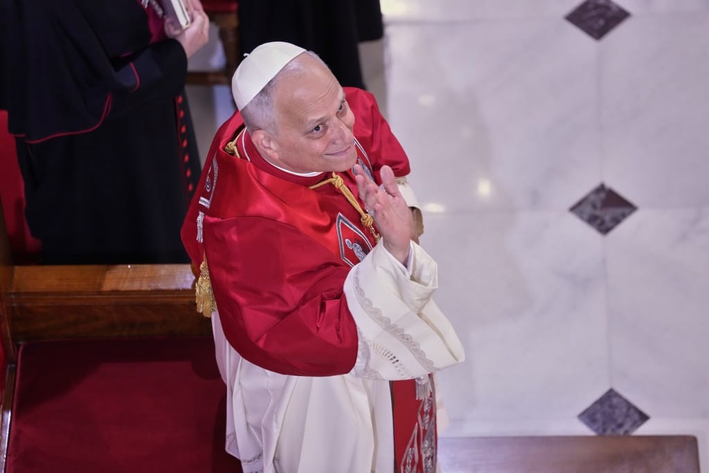 Pope Leo XIV meets the clergy at the Cathedral of the Holy Spirit, in Istanbul, Turkey, Friday, Nov. 28, 2025.
