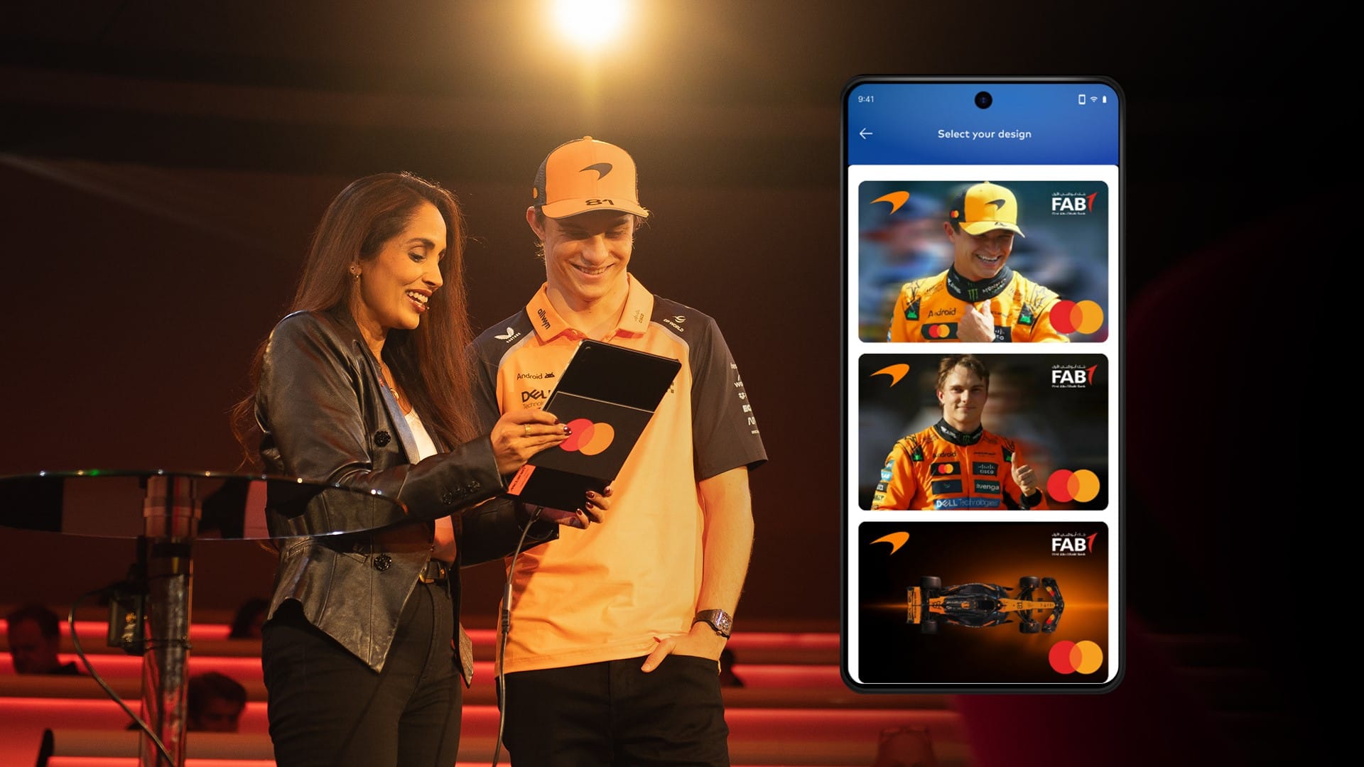 Oscar Piastri, McLaren Formula 1 Team driver, and Bunita Sawhney, Mastercard's chief consumer product officer, debut McLaren Racing Mastercard Pass, which takes fans closer to the team through exclusive benefits