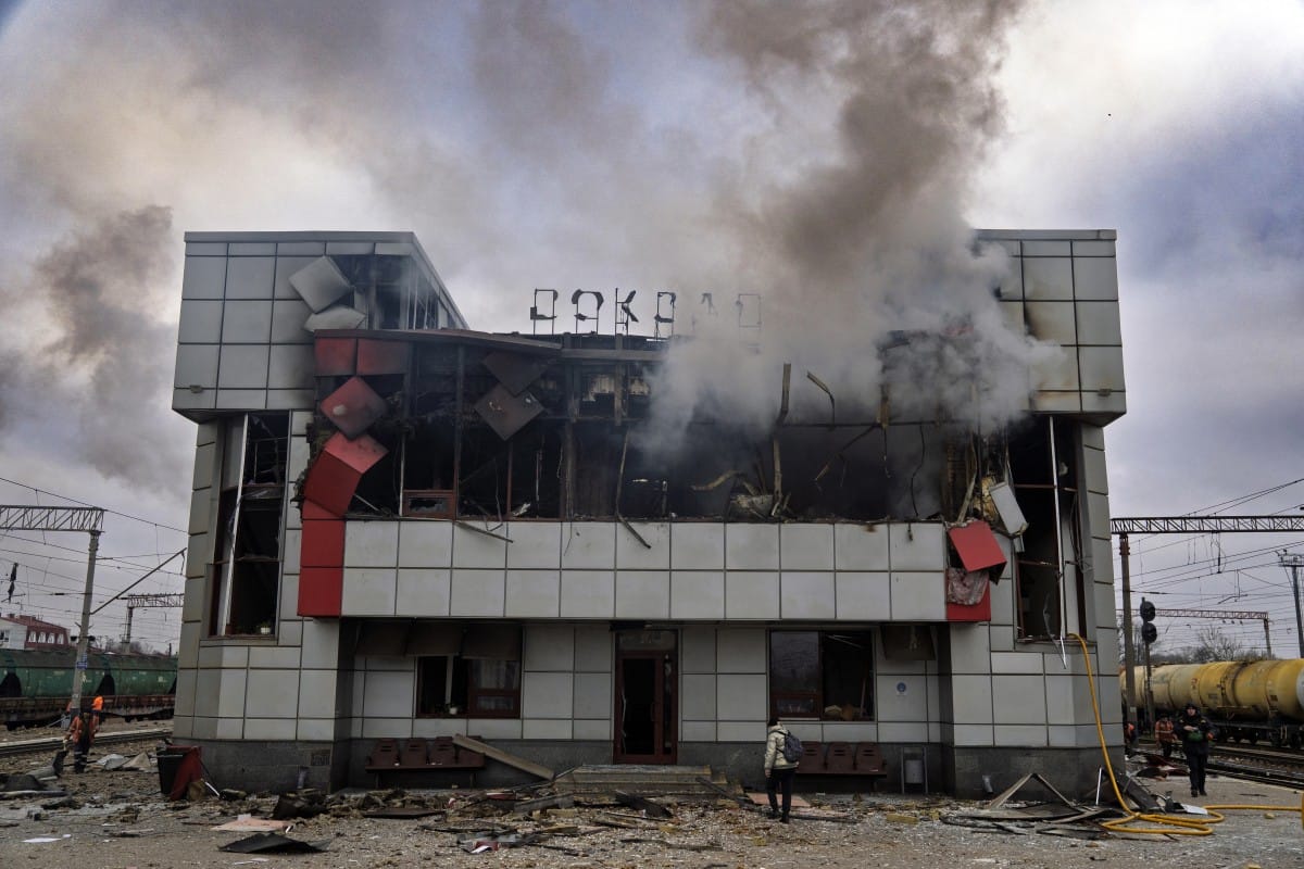 Smoke rises from a heavily damaged train station building in the town of Fastiv, Kyiv region, after an air attack, on December 6, 2025, amid the Russian invasion of Ukraine. File photo.