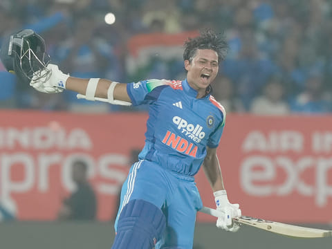 India's Yashasvi Jaiswal celebrates his century during the third ODI against South Africa in Visakhapatnam, on Saturday, December 6, 2025. 