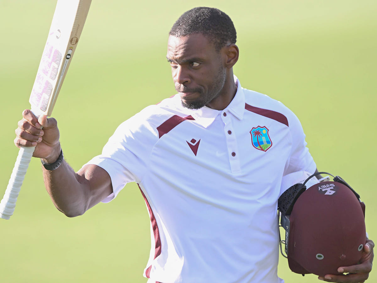 West Indies' Justin Greaves raises his bat after scoring 200 runs against New Zealand on Day 5 of the Test match in Christchurch, New Zealand, Saturday, December 6, 2025. 