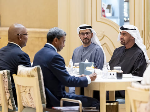 President His Highness Sheikh Mohamed bin Zayed Al Nahyan meets with Dr. Patrick Herminie, President of Seychelles.