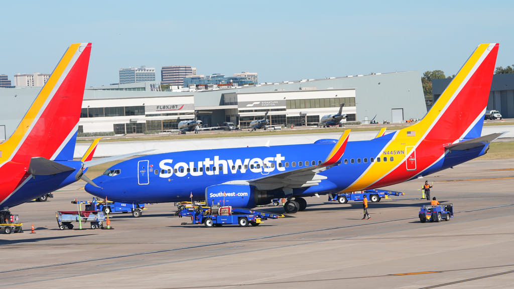 A Southwest Airlines jet pulls into a gate at Dallas Love Field Airport. File photo taken on Tuesday, Nov. 11, 2025, in Dallas, Texas. 