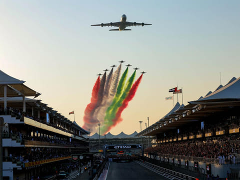 Etihad Airways' A380 and Al Fursan delivered a perfectly timed aerial salute at sunset.