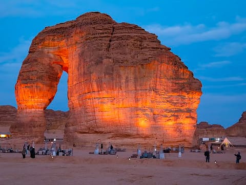 Tourists at the Elephant Rock. The Elephant Rock is one of the world’s most popular rocks and the highlight of the region of AlUla.

